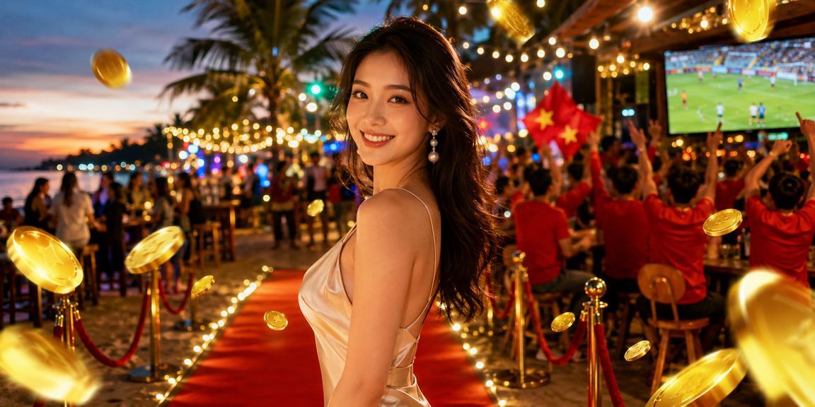Người dùng đặt cược trực tuyến trên bãi biển Phú Quốc với điện thoại và không khí thư giãn